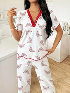 Heart Print Ribbed Lounge Set - View 10 | WEUXS