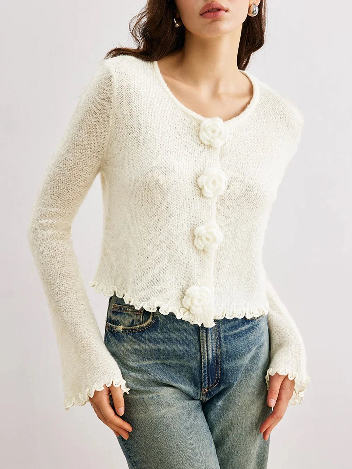 Romantic 3D Rosette Button Knit Cardigan - WEUXS