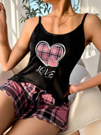 Plaid Heart Print Cami & Shorts Loungewear Set - View 12 | WEUXS
