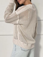 Side view of a cream open-knit sweater with a half-zip neckline.