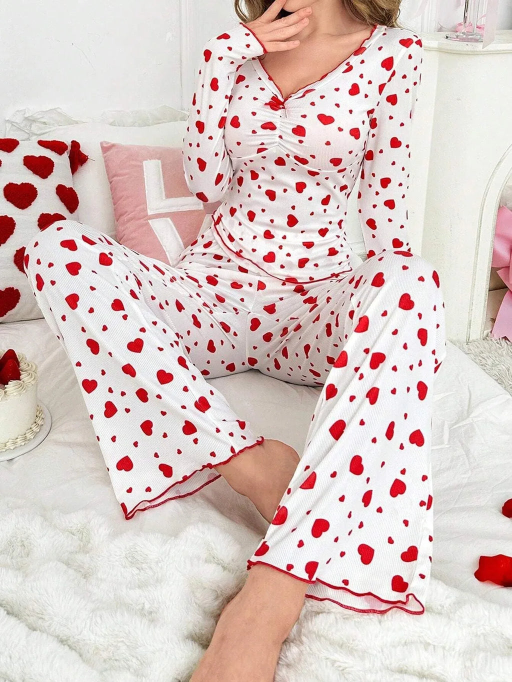 Ribbed Heart Print Pajama Set - View 17 | WEUXS
