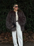 Luxe Espresso Shaggy Faux Fur Round Neck Jacket - WEUXS
