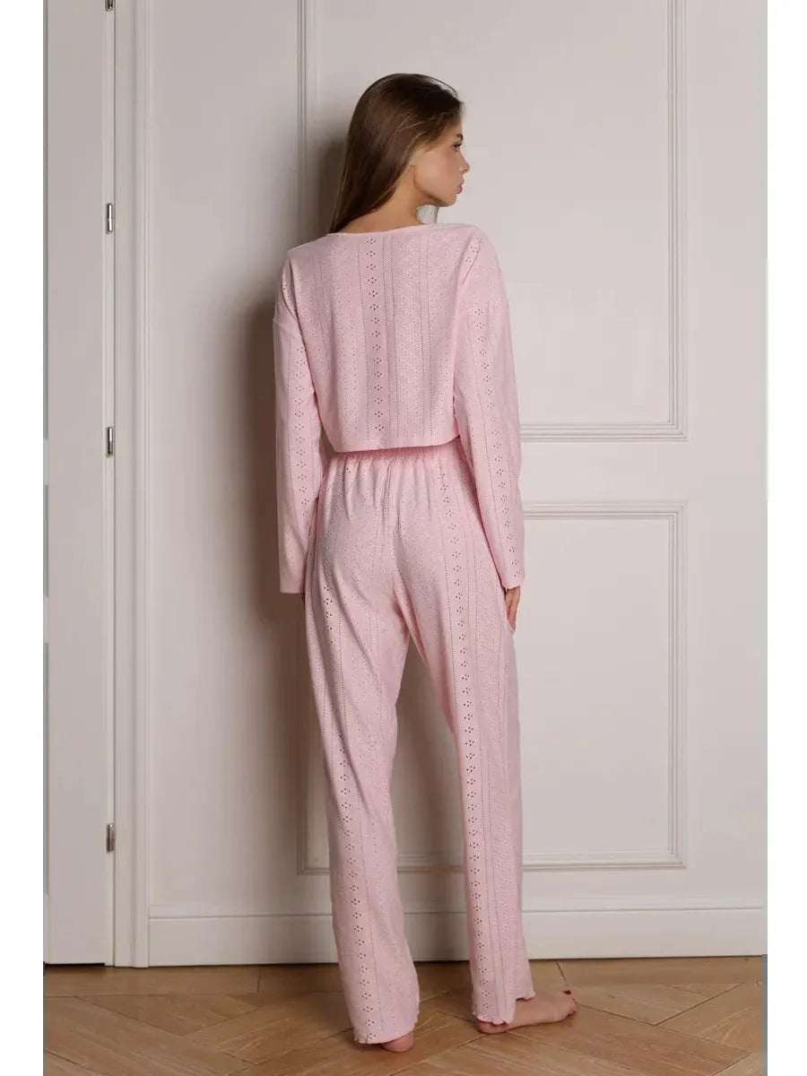 Coquette Aesthetic Pink Eyelet Lounge Set - WEUXS