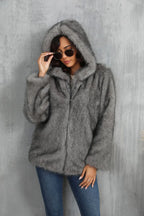Women's Hooded Faux Fur Jacket - View 8 | WEUXS