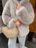Grey faux fur hooded cropped coat - View 9 | WEUXS
