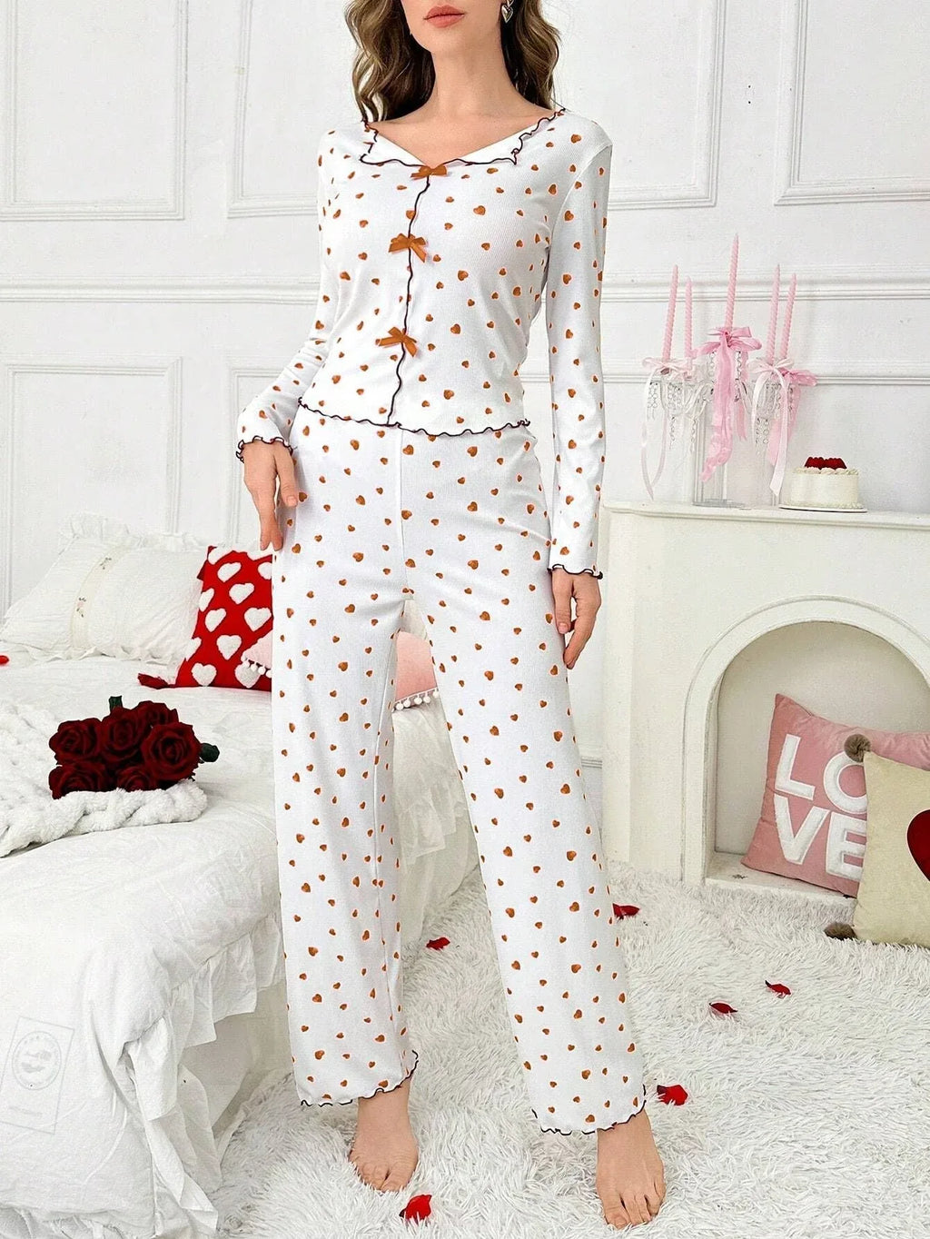 Ribbed pajama set with heart print and decorative bows - View 16 | WEUXS