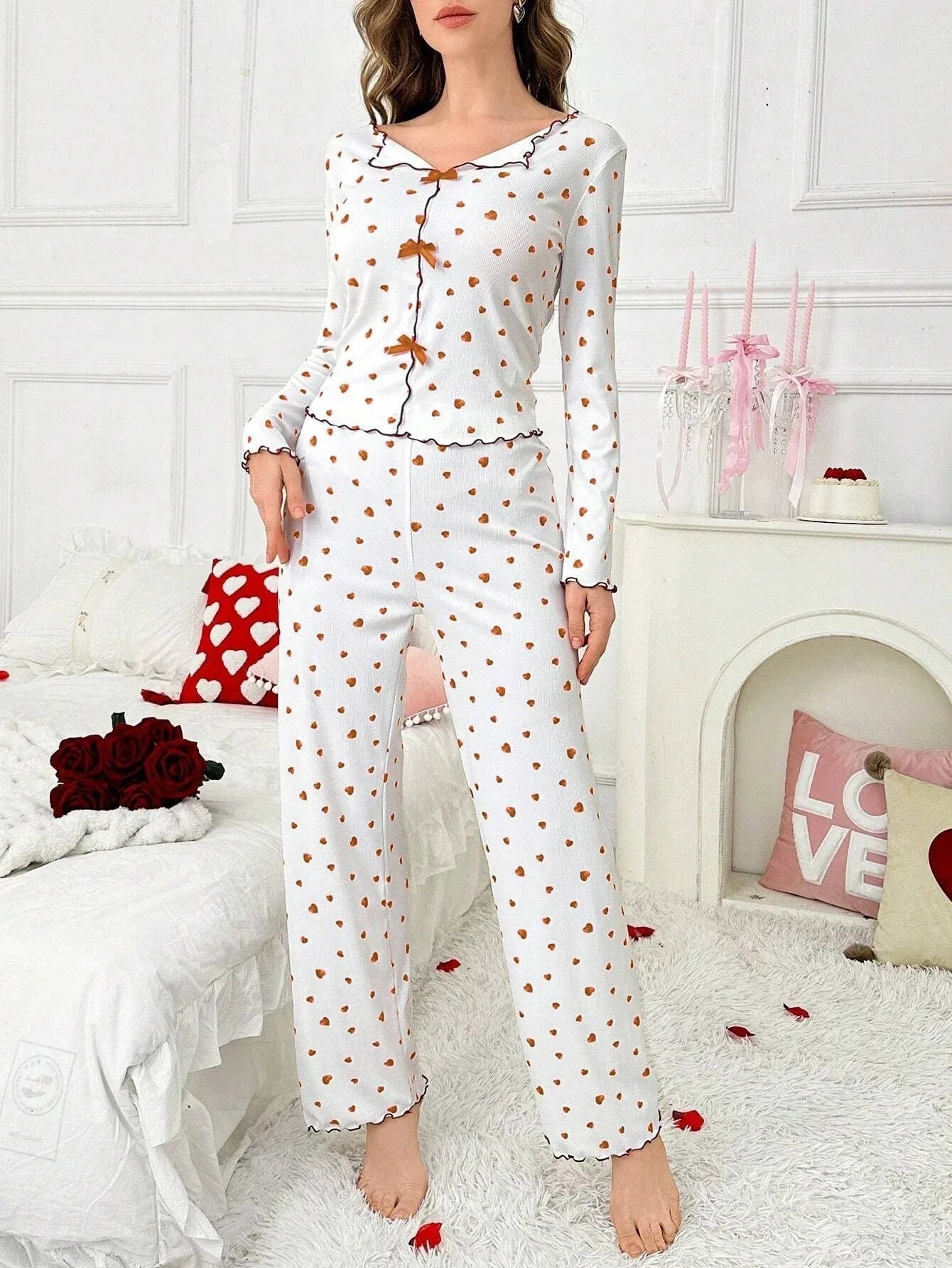 Ribbed pajama set with heart print and decorative bows - View 16 | WEUXS