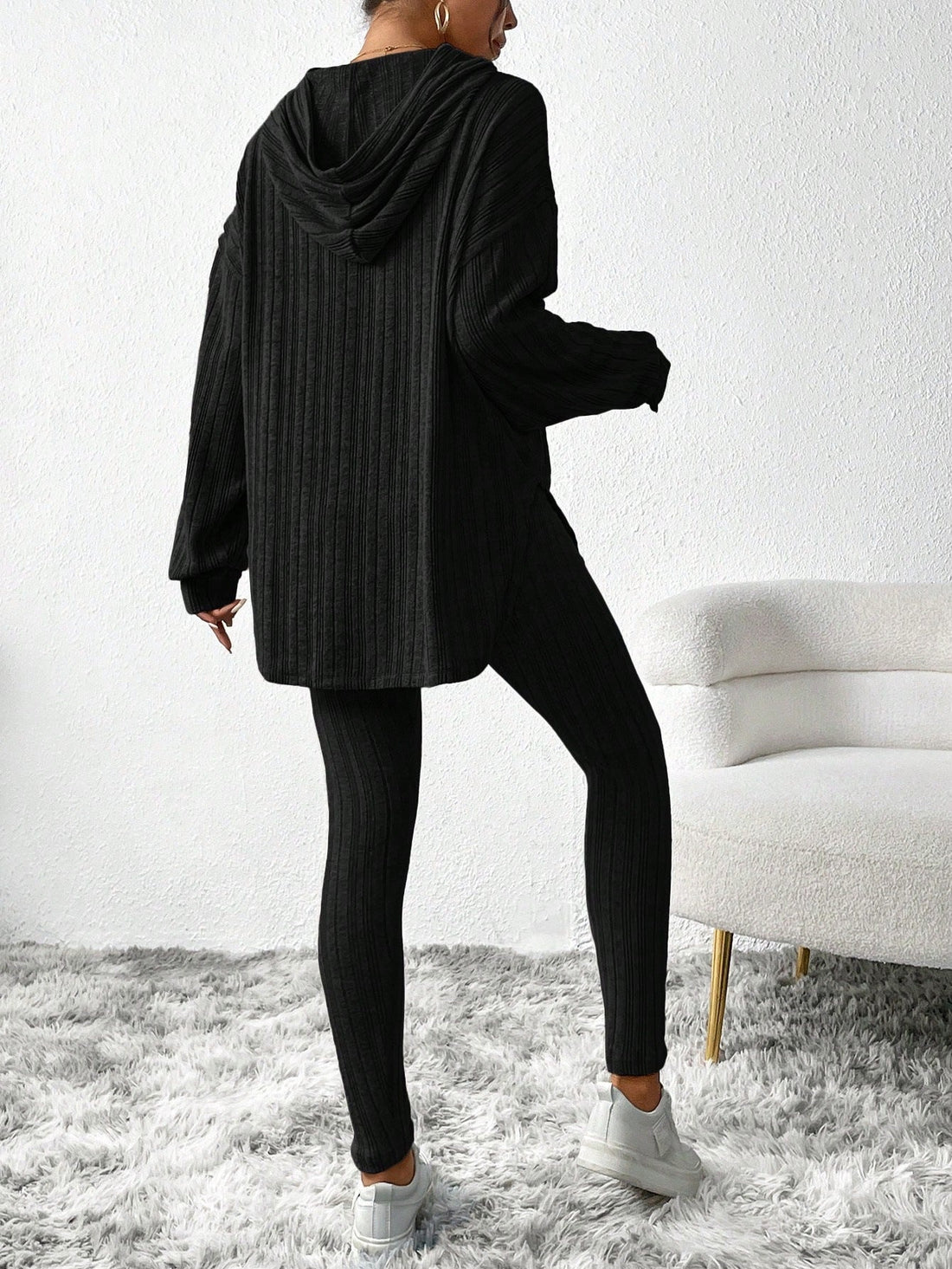 Midnight Black Ribbed Knit Hoodie & Leggings Set