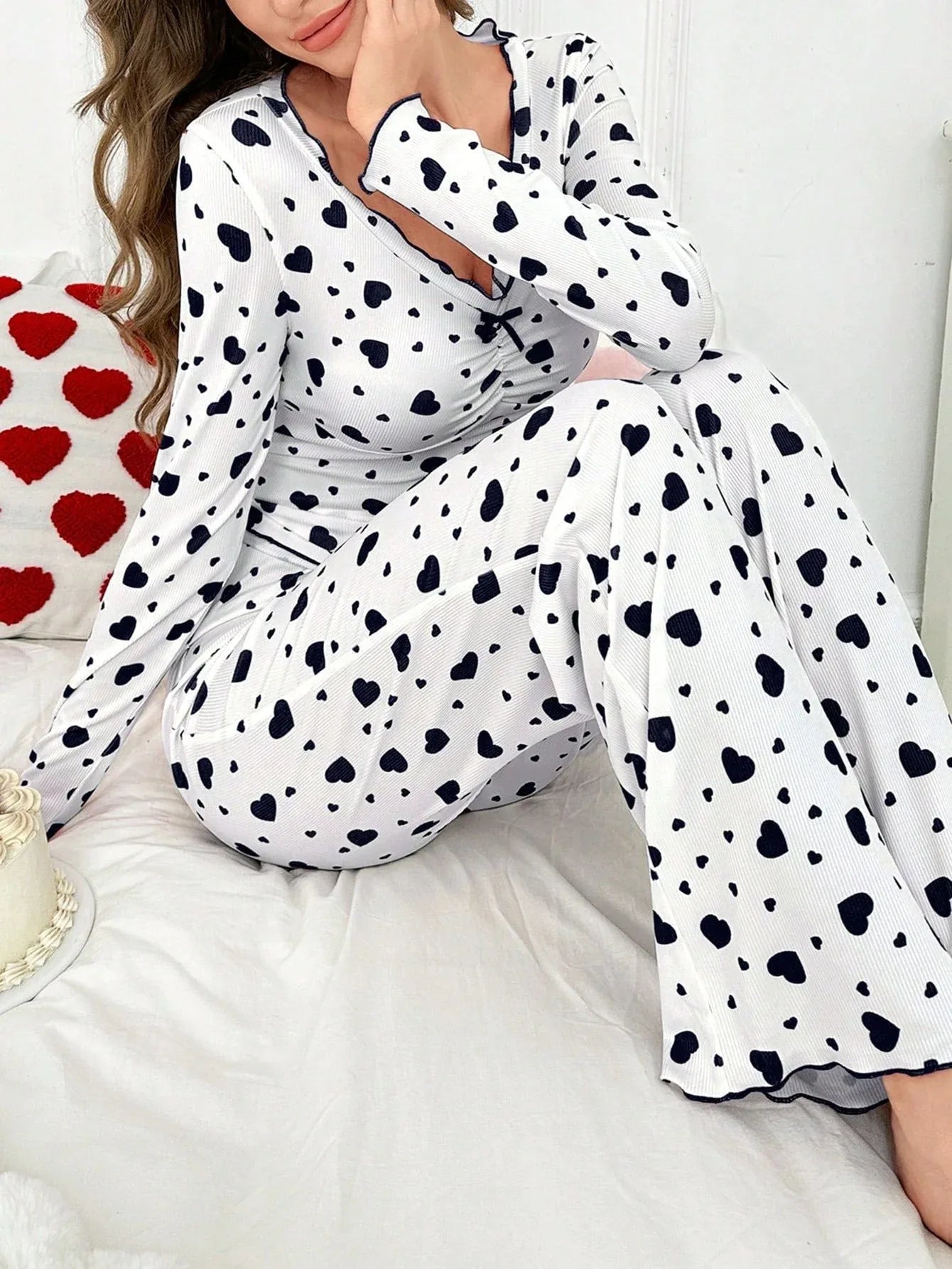 Ribbed Heart Print Pajama Set - View 7 | WEUXS