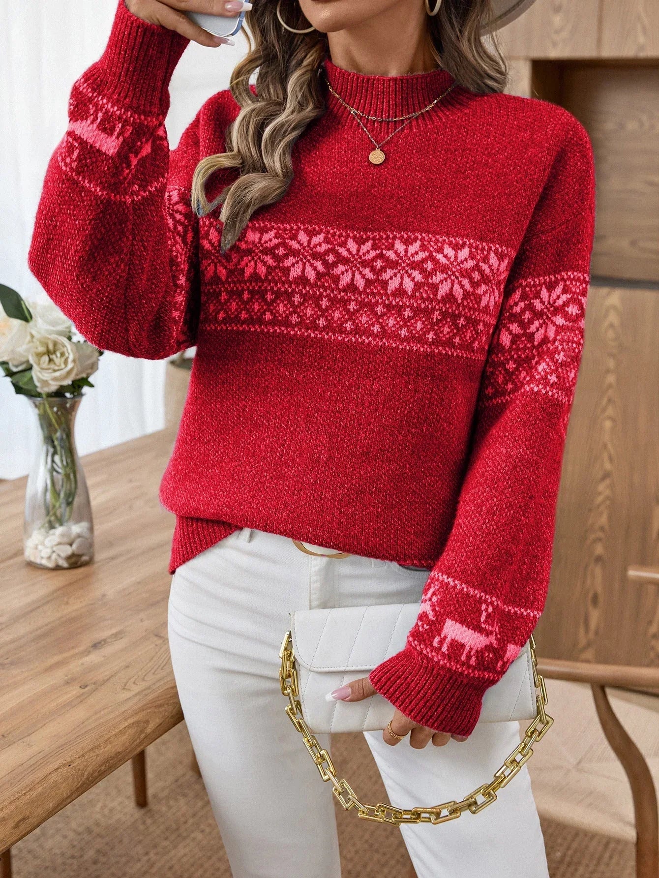 Nordic Snowflake Mock Neck Sweater - View 8 | WEUXS