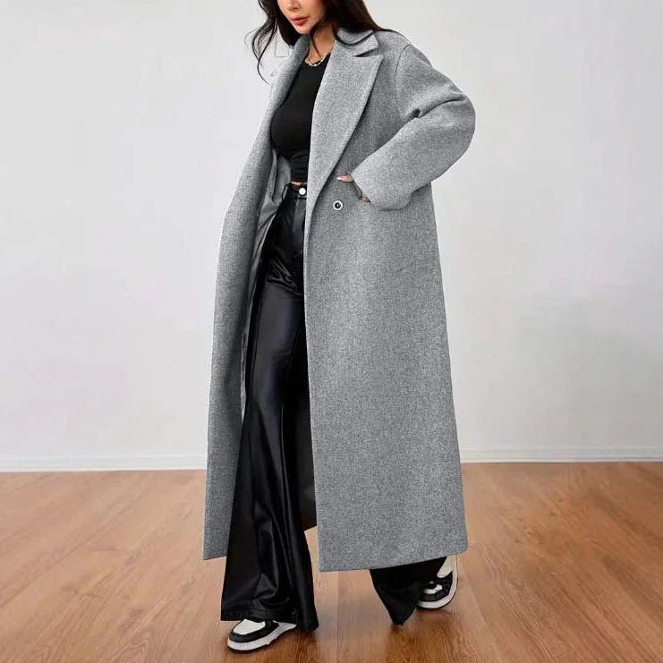 Manhattan Grey Oversized Lapel Long Coat - View 6 | WEUXS