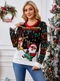 Rear view of a woman wearing a black knit sweater with a white bottom section featuring gift boxes. The sweater has long sleeves with a patterned design and a red crew neck.