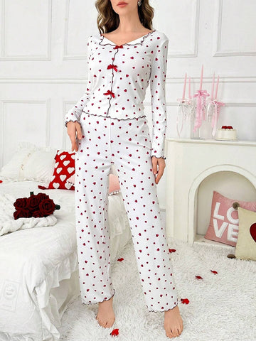 Coquette Heart Print Ribbed Pajama Set