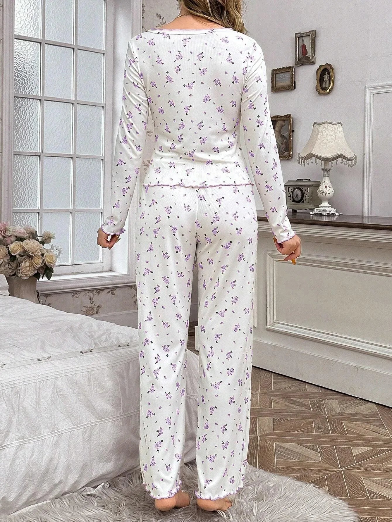 Coquette Ditsy Floral Ribbed Knit Pajama Set - WEUXS