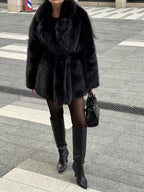 Mid-length faux fur coat with belted waist and lapel collar - View 11 | WEUXS