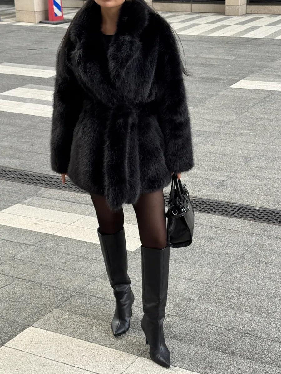 Mid-length faux fur coat with belted waist and lapel collar - View 11 | WEUXS