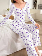 Ribbed Heart Print Pajama Set - View 32 | WEUXS