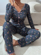 Ribbed Floral Henley Pajama Set - View 11 | WEUXS