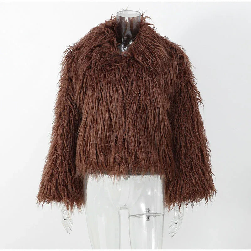 Vamp Burgundy Shaggy Faux Fur Cropped Jacket - WEUXS