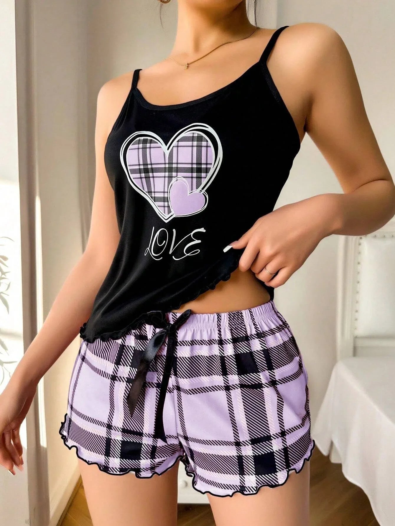Plaid Heart Print Cami & Shorts Loungewear Set - View 21 | WEUXS