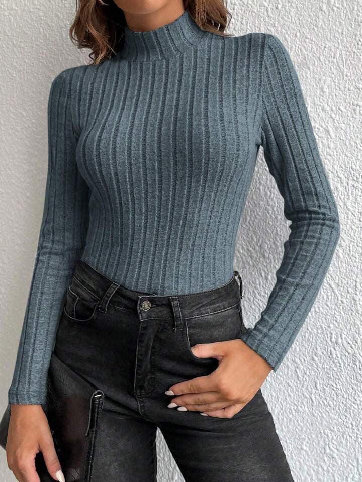 Sleek Slate Blue Mock Neck Ribbed Knit Top - WEUXS