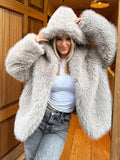 Grey faux fur hooded cropped coat - View 12 | WEUXS