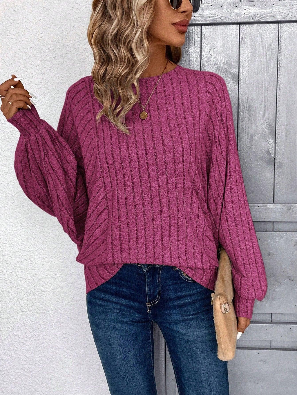 Batwing Sleeve Ribbed Knit Top - View 6 | WEUXS