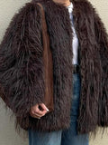 Luxe Espresso Shaggy Faux Fur Round Neck Jacket - WEUXS