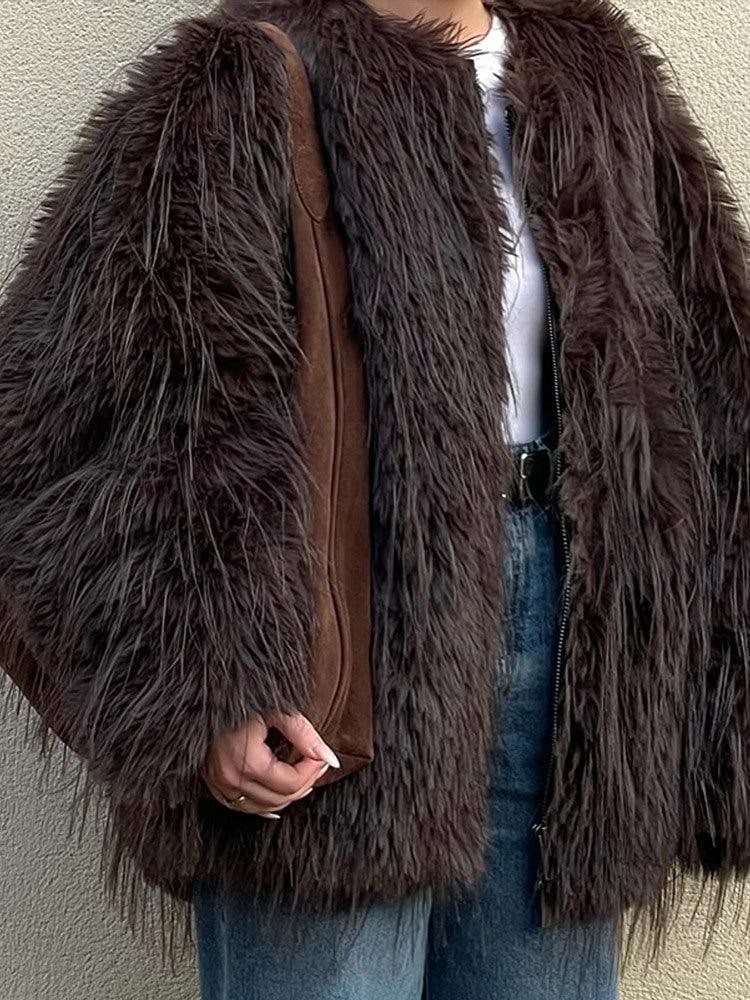Luxe Espresso Shaggy Faux Fur Round Neck Jacket - WEUXS