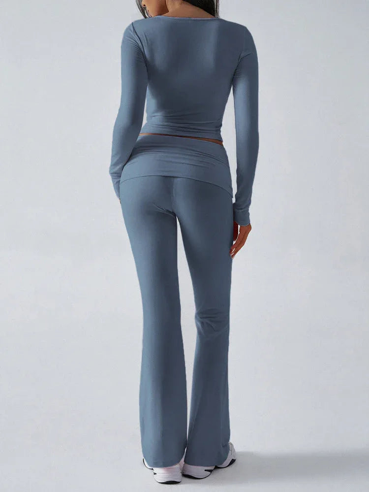 V-Neck Crop Top and Fold-Over Flare Pants Set - View 24 | WEUXS