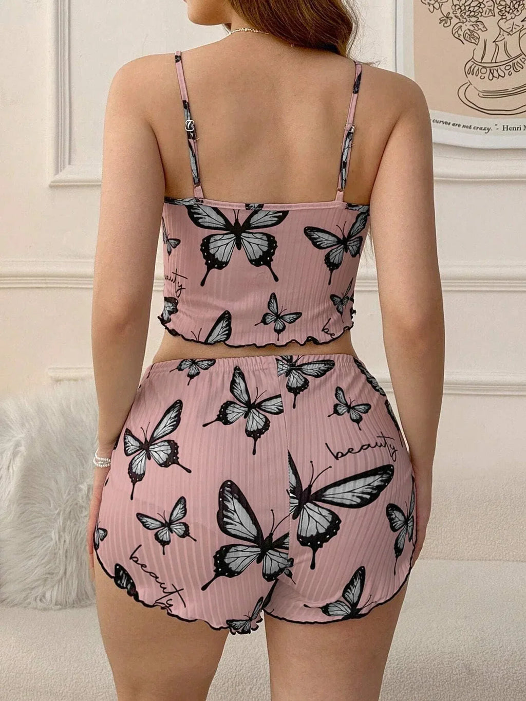 Ribbed butterfly print cami and shorts set - View 7 | WEUXS
