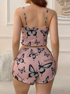 Ribbed butterfly print cami and shorts set - View 7 | WEUXS