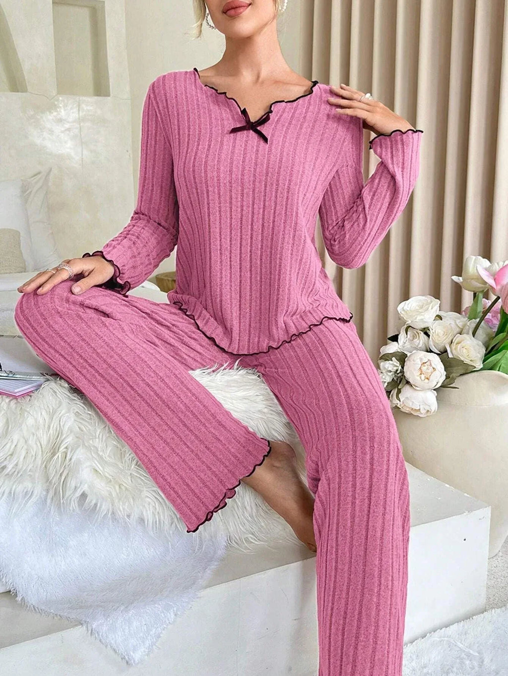 Ribbed Pajama Set with Contrast Trim and Bow - View 27 | WEUXS