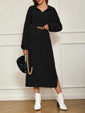Ribbed Knit Maxi Dress with Polo Collar - View 7 | WEUXS