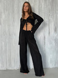 Women's knit lounge set with tie-front top and wide-leg pants - View 8 | WEUXS