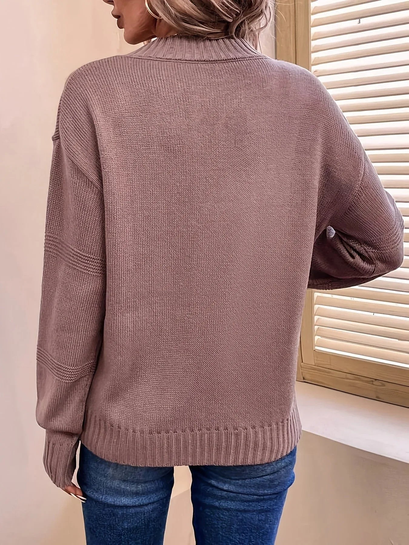 Dusty Rose Textured Mock Neck Knit Sweater - WEUXS