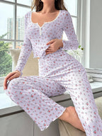 Ribbed floral pajama set with henley neckline and wide-leg pants - View 22 | WEUXS