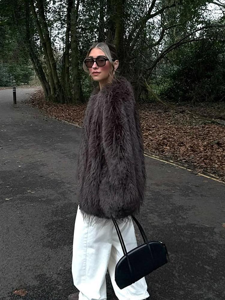 Luxe Espresso Shaggy Faux Fur Round Neck Jacket - WEUXS