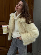 Light yellow cropped faux fur jacket with wide notch lapel - View 6 | WEUXS