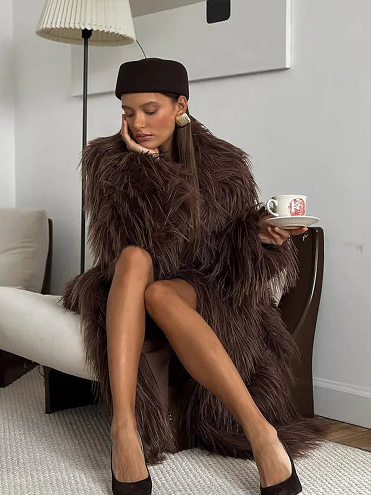 Luxe Espresso Shaggy Faux Fur Long Coat - WEUXS
