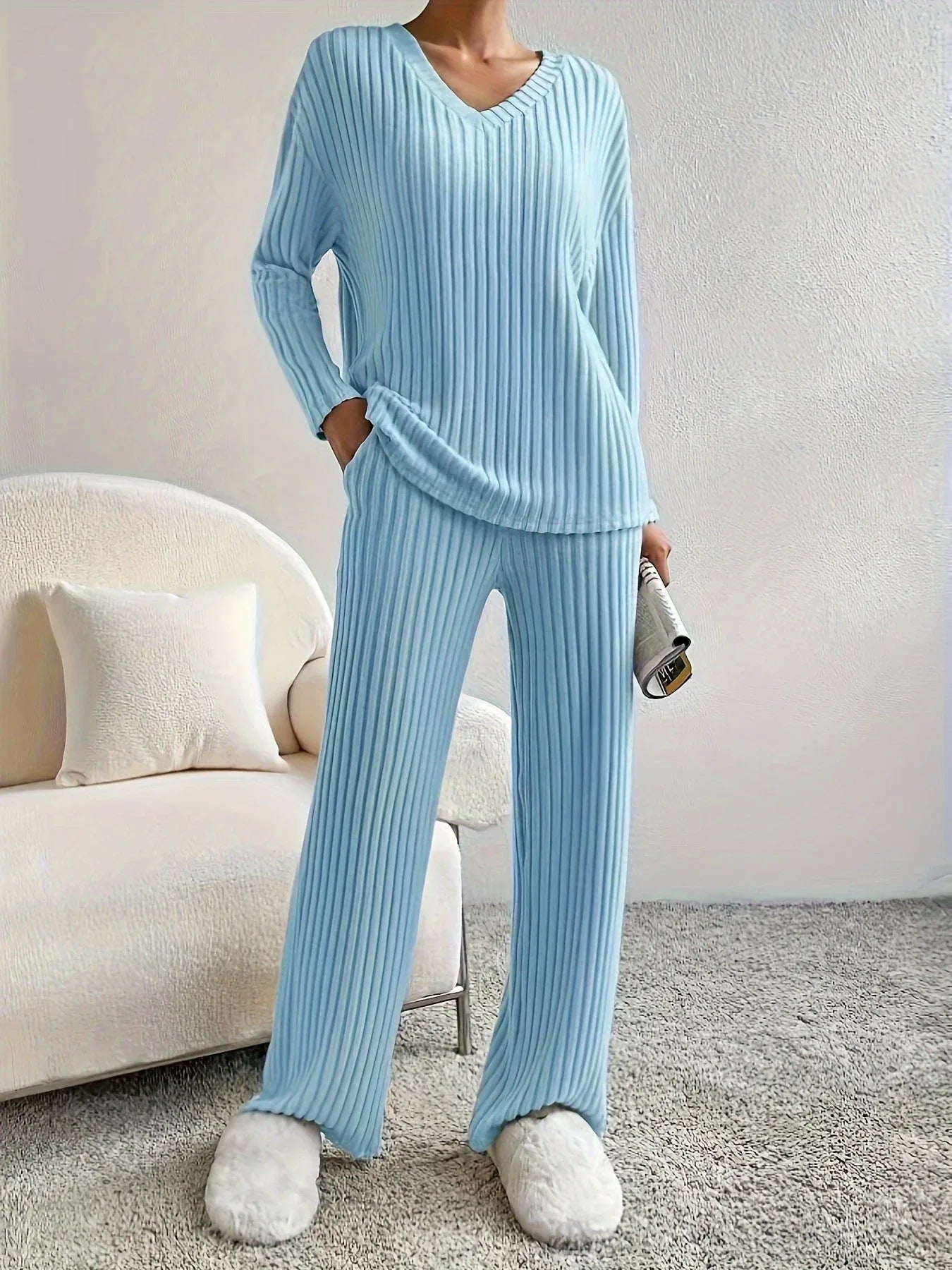 Serenity Blue Ribbed Knit Two-Piece Lounge Set - WEUXS