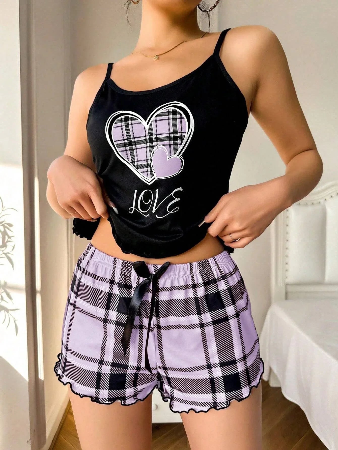 Plaid Heart Print Cami & Shorts Loungewear Set - View 17 | WEUXS
