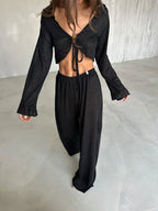 Women's knit lounge set with tie-front top and wide-leg pants - View 7 | WEUXS