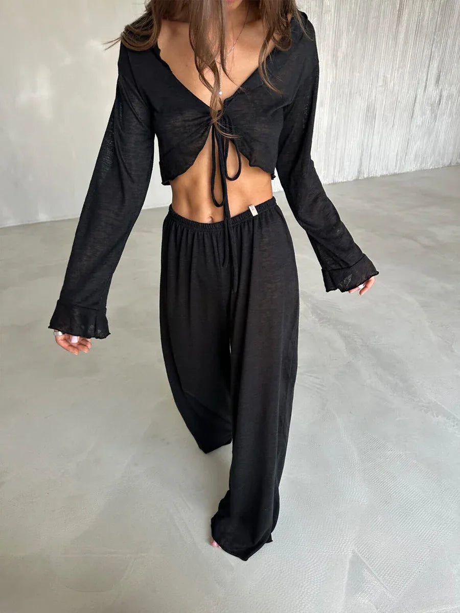 Women's knit lounge set with tie-front top and wide-leg pants - View 7 | WEUXS