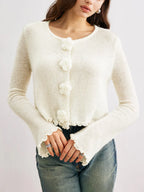 Romantic 3D Rosette Button Knit Cardigan - WEUXS