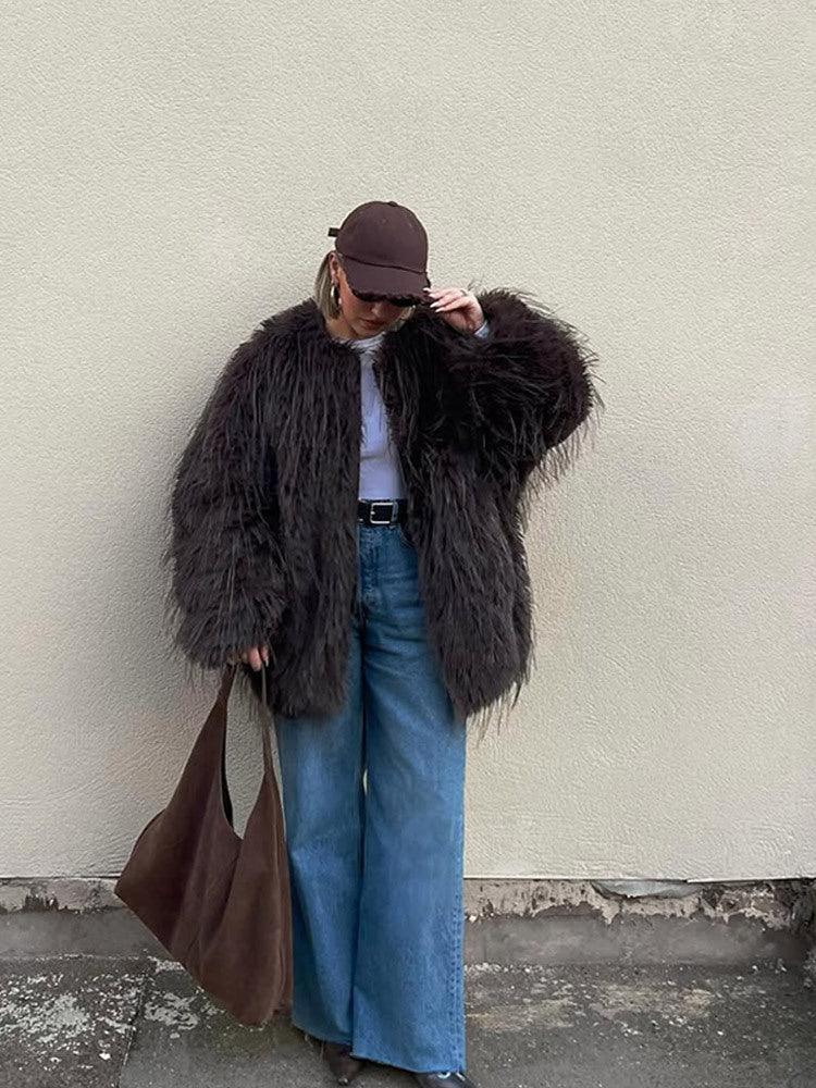 Luxe Espresso Shaggy Faux Fur Round Neck Jacket - WEUXS