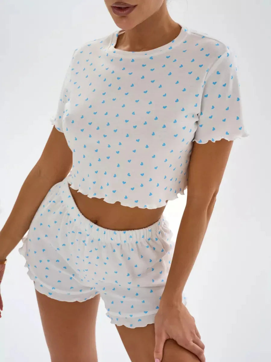 Ditsy Heart Print Ribbed Tee & Shorts Set - View 23 | WEUXS