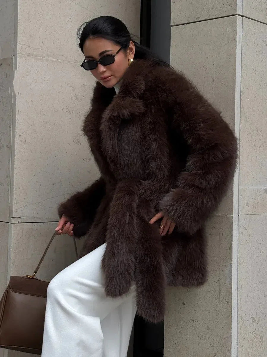 Mid-length faux fur coat with belted waist and lapel collar - View 6 | WEUXS