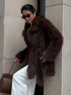 Mid-length faux fur coat with belted waist and lapel collar - View 6 | WEUXS