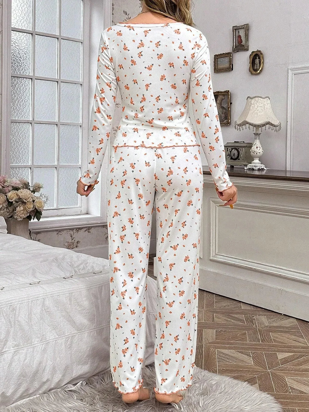 Coquette Ditsy Floral Ribbed Knit Pajama Set - WEUXS